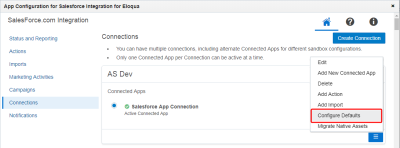 An image of the Connections page highlighting Configure Defaults option in a connection's menu.