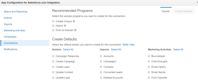 An image of the Configure Defaults page where you can select default imports and actions to create for the connection